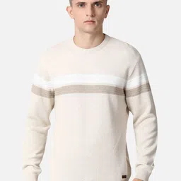 t-base Men Beige & White Striped Cotton Pullover-image-45
