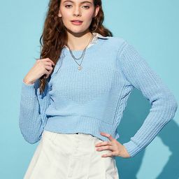 STREET 9 Blue Ribbed Acrylic Crop Pullover Sweater-picture-41