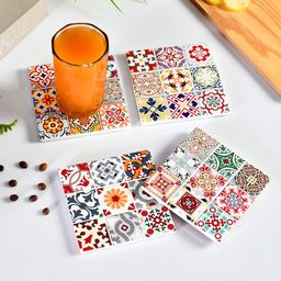 TAYHAA White & Red 4 Pieces Mosaic Printed Square Ceramic Coasters-4