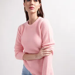 ELLE Women Pink Solid Cotton Round Neck Pullover-image-70