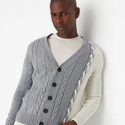 Trendyol Men Grey & Cream-Coloured Cable Knit Colourblocked Cardigan-picture-11