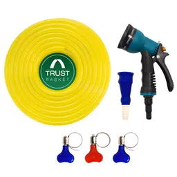 TRUSTBASKET Yellow Garden Hose Pipe 15 mtr & 7 Pattern Spray Gun, Tap Connector & 3 Clamps-26