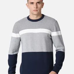 t-base Men Navy Blue & Grey Striped Cotton Pullover-image-88
