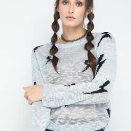 LULU & SKY Open Knit Self Design Drop-Shoulder Sleeves Pullover-picture-2