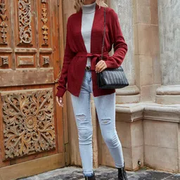 Stylecast X KPOP Women Solid Cardigan Sweater With Waist Tie-Up Belt-image-34
