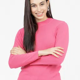 Tokyo Talkies Women Pink Ribbed Acrylic Pullover-image-67