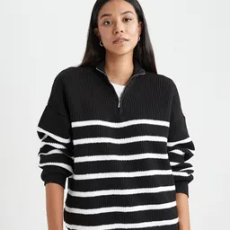 DeFacto Mock Collar Striped Pullover Sweater-image-3