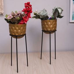 Homesake Set Of 2 Gold-Toned & Black Metal Hammered Planter Pots with Stands-96