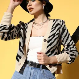 SASSAFRAS Women Beige & Black Animal Printed Crop Cardigan-image-32