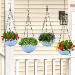 Kuber Industries Marble Euro Blue 4 Pieces Textured Hanging Planters-3