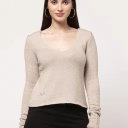 513 Women Beige Striped Acrylic Long Sleeves Pullover-image-90