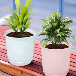 Kuber Industries White & Pink 2 Pieces Marble Finish Planters With Tray-image-93