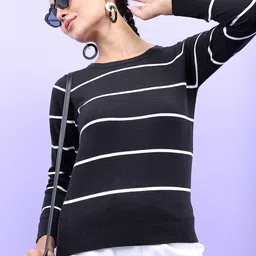 Tokyo Talkies Women Black & White Striped Acrylic Pullover Sweaters-image-36