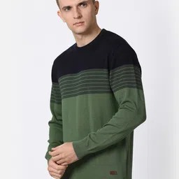 t-base Men Green & Black Striped Cotton Pullover-image-78