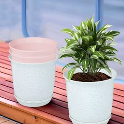 Kuber Industries White & Pink 4 Pieces Marble Finish Planters With Tray-59