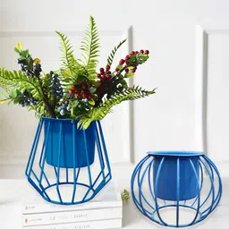 Homesake Turquoise Blue 2 Pieces Round & Oval Planters With Designer Metal Pot Stands-42