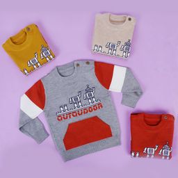 POKORY Kids Grey & Red Printed Sweater-11
