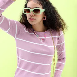 Tokyo Talkies Women Pink & White Striped Acrylic Sweaters-image-38