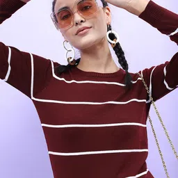 Tokyo Talkies Women Maroon & White Striped Pullover Sweaters-image-81