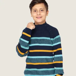 LASNAK Boys Navy Blue & Yellow Striped Cotton Pullover Sweater-picture-5