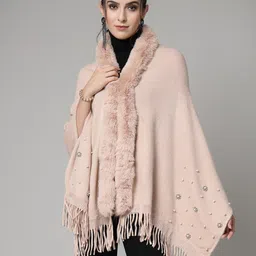 Mafadeny Women Embroidered Longline Poncho with Fringed Detail-image-46