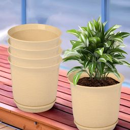 Kuber Industries Beige 5 Pieces Marble Finish Planters With Tray-28
