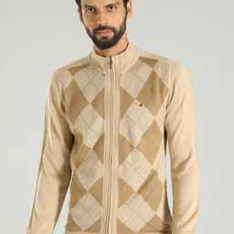 Indian Terrain Checked Mock Collar Pure Acrylic Front-Open Sweater-picture-0