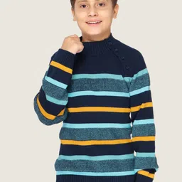 LASNAK Boys Navy Blue & Mustard Striped Cotton Pullover Sweater-picture-14