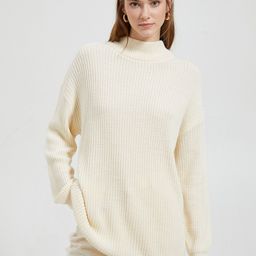 Koton Cable Knit Self Design Mock Collar Acrylic Longline Pullover Sweater-7