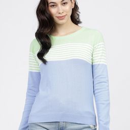Tokyo Talkies Women Sea Green & Blue Striped Colourblocked Pullover-image-73