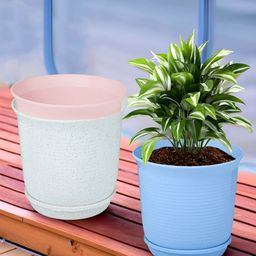 Kuber Industries White & Pink 3 Pieces Marble Finish Planters With Tray-8