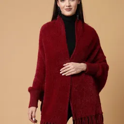 Mafadeny Women Longline Poncho with Fringed Detail-image-53