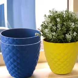 Kuber Industries Blue & Yellow 3 Pieces Textured Planters-21