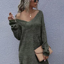 Stylecast X KPOP Women V-Neck Speckled Longline Pullover Sweater-image-86