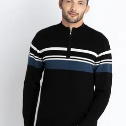 Status Quo Striped Henley Neck Cotton Pullover-image-85