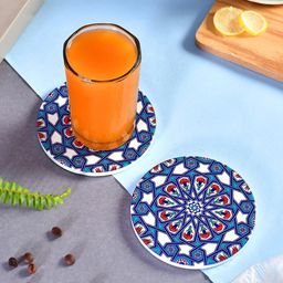 TAYHAA Blue & White 2 Pieces Floral Printed Round Marble Coasters-40