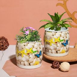 Homspurts White & Blue 2 Pieces Chic Planters Printed Metal Planters-image-8