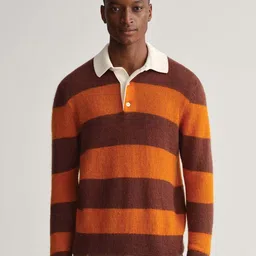 GANT Men Orange & Brown Striped Colourblocked Regular Fit Sweater-picture-37