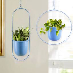 Homesake Turquoise Blue 2 Pieces Round & Oval Planters With Hanging Metal Pot Stands-image-26