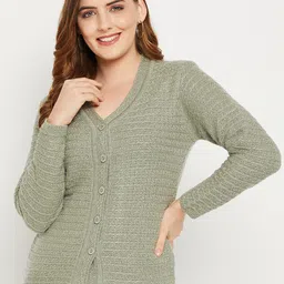 Zigo Women Green Self Design Cable Knit Wool Cardigan Sweater-image-73