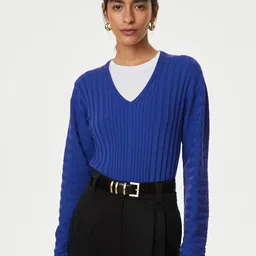 Marks & Spencer Self Design Ribbed V-Neck Silk Cotton Pullover-image-23