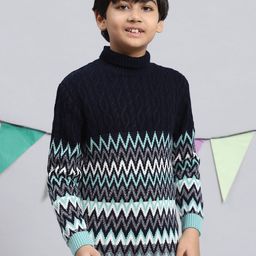 Monte Carlo Boys Turtle Neck Geometric Self Design Acrylic Pullover-image-24