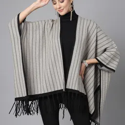 Mafadeny Women Printed Longline Poncho with Fringed Detail-image-94