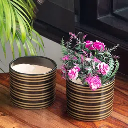 ExclusiveLane Set Of 2 Black Furrowed Fields Hand-Painted Ceramic Table Planters-24