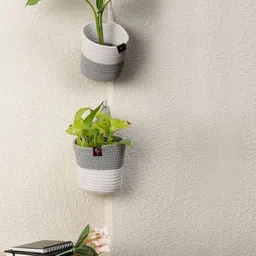 FABINALIV 2 Pcs Grey & White Rope Basket Wall Hanging Planters-picture-8