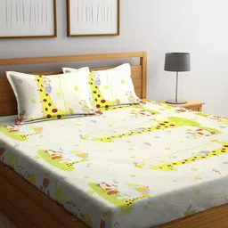 KLOTTHE Cream-Coloured & Yellow Cartoon Characters 210 TC King Bedsheet with 2 Pillow Covers-image-59