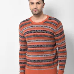Woodland Men Red & Black Fair Isle Printed Pullover-image-53
