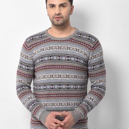 Woodland Men Grey & Red Fair Isle Printed Pullover-8