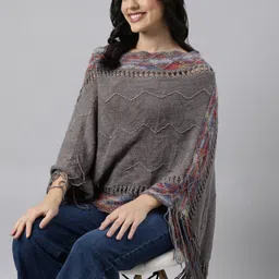 SHOWOFF Women Chevron Ribbed Longline Poncho with Fringed Detail-image-11