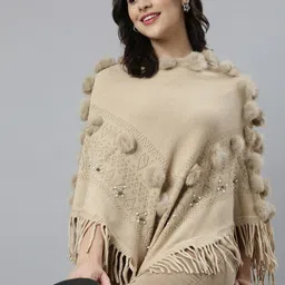 SHOWOFF Women Cable Knit Longline Poncho with Embellished Detail-image-49